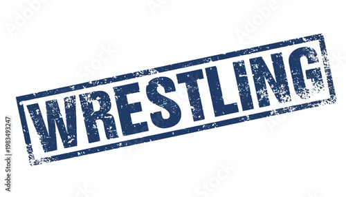 A close-up view of a distressed blue stamp with the word Wrestling on it