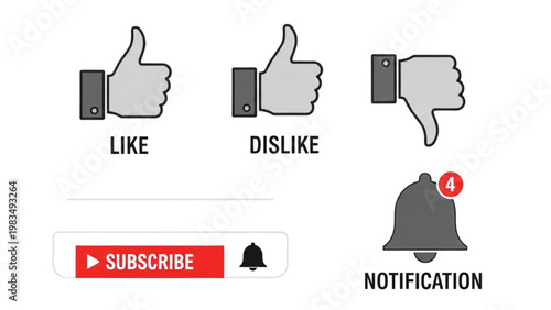 Social media interface with like dislike subscribe and notification icons