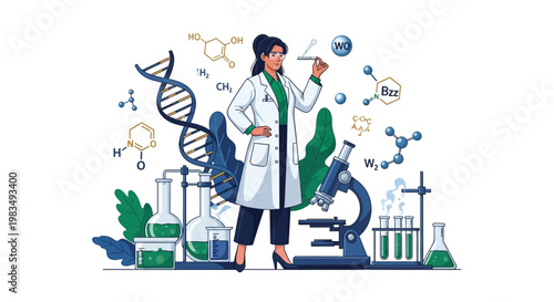 Illustrated scientist in a white lab coat performs an experiment using lab equipment such as a microscope and test tubes, surrounded by chemical structures and DNA against a clean white