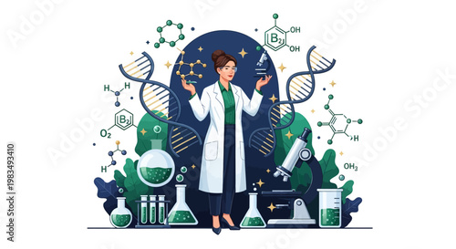 A female scientist in a white coat is depicted in a vibrant, graphic illustration, surrounded by DNA strands, beakers, and molecular structures against a dark blue backdrop