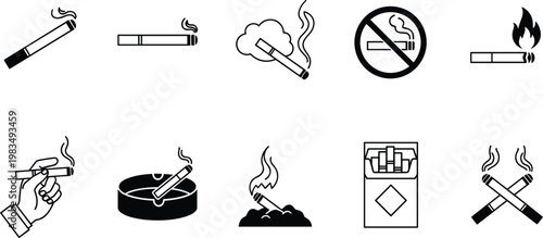Smoking and No Smoking Icon Set with Cigarettes, Ashtray, Warning Signs, and Tobacco Symbols for Health Awareness, Regulation, and Public Safety Design