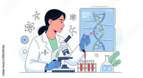 A focused female scientist in a white lab coat carefully conducts an experiment with a pipette and test tubes, next to a microscope and a DNA strand diagram on a screen against a clean