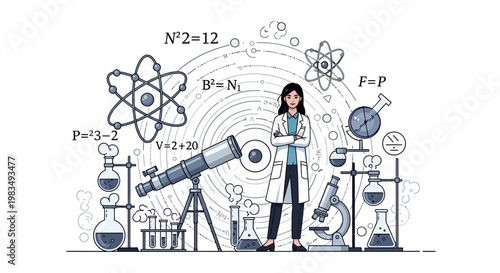 A female scientist stands confidently amidst science equipment and formulas in a detailed vector illustration with a clean white background, conveying a mood of intelligence and discovery
