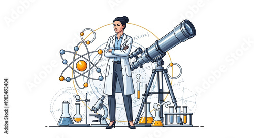 A confident female scientist stands with arms crossed next to a large telescope and atomic model in a laboratory setting, illustrated with clean lines and a bright, white background