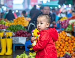 A young boy in a vivid red raincoat holds a plush toy in a bustling openair market. This evocative street photo captures childhood innocence and curiosity amidst vibrant urban energy.