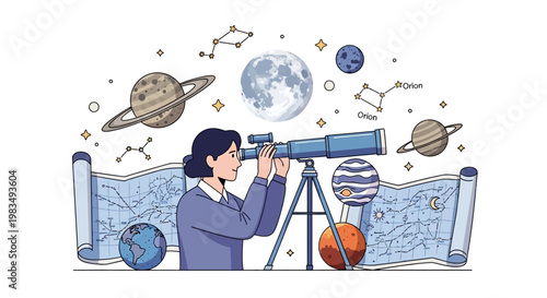 Vector illustration of an astronomer looking through a telescope against a white background with celestial maps, planets, and constellations, rendered in a whimsical style with cool, light