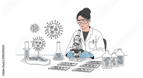 Illustration of a female scientist in a lab coat and safety goggles examining samples under a microscope on a table with flasks and petri dishes against a clean white background