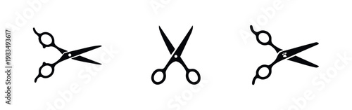Professional hair cutting, craft, and pet grooming scissor silhouettes in a minimalist black icon set on a clean white background.