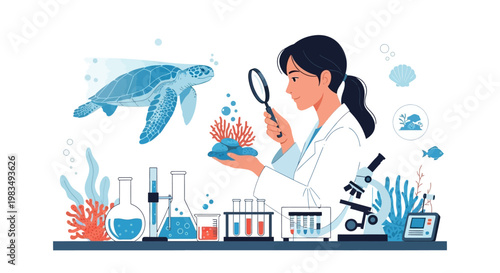 A female scientist in a lab coat examines coral through a magnifying glass with scientific equipment arranged in the foreground, presented in a flat illustration style against a white