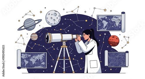 A female scientist peers through a telescope in a detailed, illustrative rendering with celestial charts and a starry backdrop, rendered with a vibrant color palette and a whimsical
