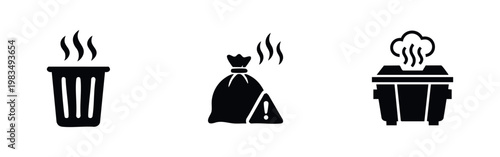 Set of black minimalist icons representing smelly garbage, including a trash can, waste bag with warning, and a large dumpster on white background.