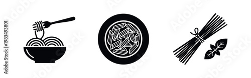 Set of minimalist black and white icons featuring Italian pasta: spaghetti bowl with fork, penne plate, and dry pasta bundle with basil leaves.
