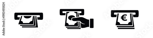 Set of minimalist black icons representing ATM cash withdrawal, including money being dispensed and a hand taking bank notes on a white background.