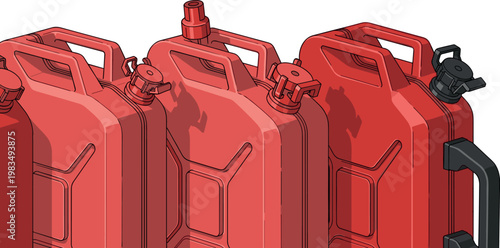 Realistic red fuel jerry cans close up isolated on white background, gasoline containers with caps and handles vector illustration