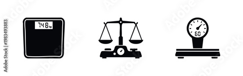 Three black vector icons of different scales: a digital bathroom scale, a traditional balance scale, and a mechanical platform scale.
