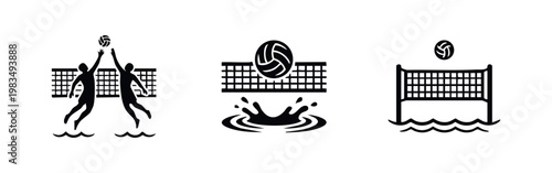 Set of three black silhouettes of water volleyball icons featuring players jumping, a splash with a ball, and a net in a pool on a white background.