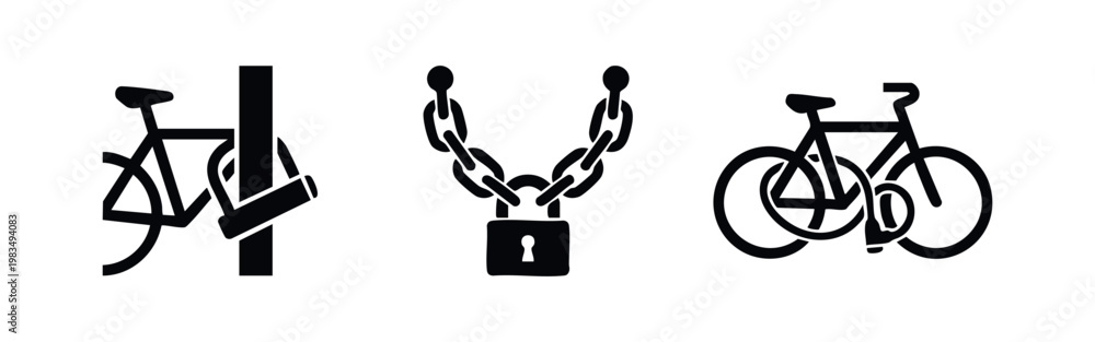 Fototapeta premium Black icons showing bicycle security methods: a bike u-lock on a post, a heavy-duty chain with padlock, and a cable lock on a bicycle frame.