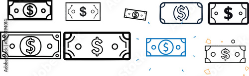 Collection of money wallet icons showing cash in black glyph color flat and outline styles