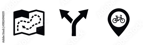 Minimalist black icon set for navigation and travel featuring a map route, diverging directional arrows, and a bicycle location pin.