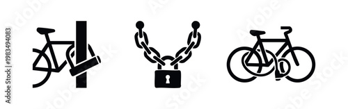 Black icons showing bicycle security methods: a bike u-lock on a post, a heavy-duty chain with padlock, and a cable lock on a bicycle frame.