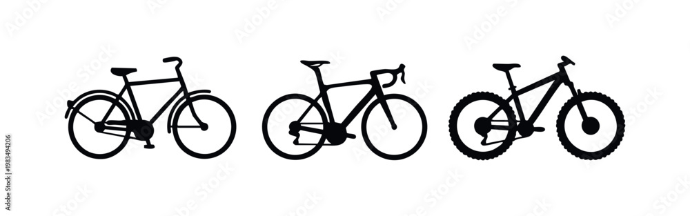Fototapeta premium Minimalist black silhouettes of a city bike, road racing bicycle, and mountain bike on a white background. Set of icons for cycling and transport.