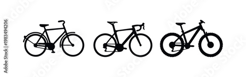 Minimalist black silhouettes of a city bike, road racing bicycle, and mountain bike on a white background. Set of icons for cycling and transport.