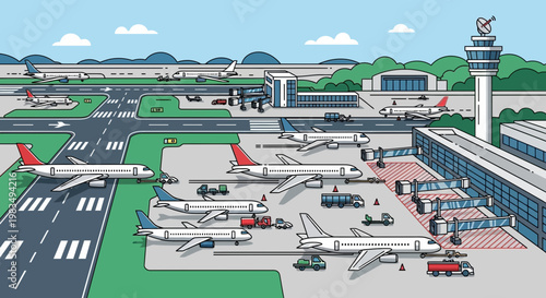 Busy airport terminal with airplanes, jet bridges, and control tower