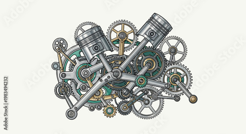 Complex Mechanical Engine Parts with Pistons and Gears