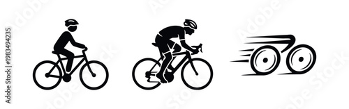 Set of three black minimalist bicycle icons featuring a casual rider, a racing cyclist, and a stylized motion symbol on a white background.