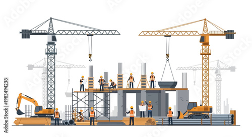 Construction Site with Cranes, Workers, and Excavators Building Structure