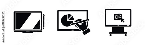 A set of black and white technology icons featuring a graphics tablet with stylus, a hand drawing a pie chart, and computer settings on a monitor.