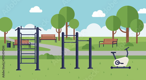 Outdoor Fitness Park with Exercise Equipment, Benches, and Trees in a Green Landscape