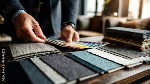 Interior designer selecting fabric samples and color palette in studio