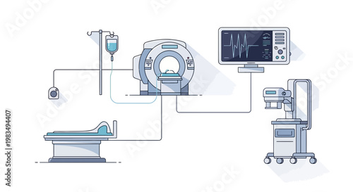 Medical Technology: MRI Scanner, Patient Bed, IV Drip, Monitor, and X-ray Machine
