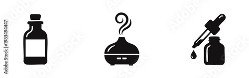 Black and white icon set of aromatherapy essentials including a natural oil bottle, an electric scent diffuser, and a dropper bottle with pipette.