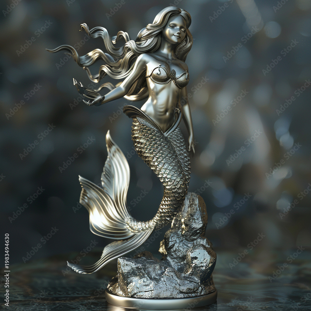 Fototapeta premium Photorealistic Silver Mermaid Statue in High Quality Detail
