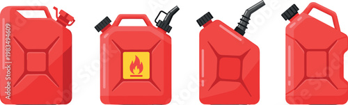 Red fuel jerry cans collection isolated on white background, gasoline containers with nozzle and flammable sign vector illustration set