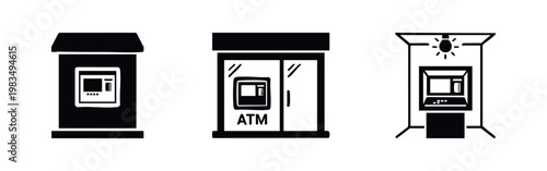 Set of three minimalist black and white ATM icon illustrations showing outdoor kiosks and indoor banking machines for financial services and commerce.