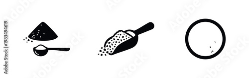Minimalist black icons featuring powder with a spoon, a grain scoop, and a top-down bowl view, ideal for cooking and food prep themes.