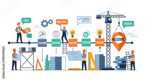 Construction project timeline with milestones, tasks, and workers