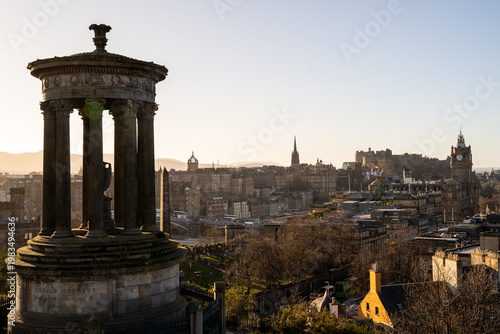 Dugald Stewart Monument with Edinburgh City View at Sunset