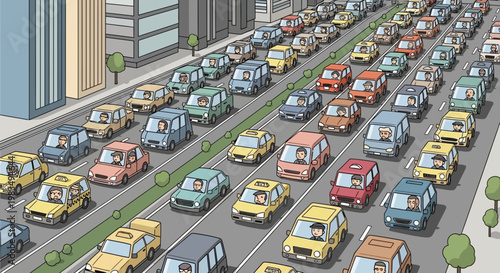 Crowded City Traffic Jam with Colorful Cars and Buildings