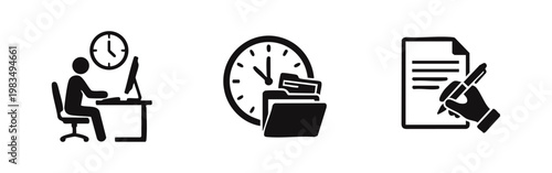 Business icon set illustrating office productivity, time management with a clock and folders, and hand writing on a document.