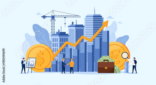 Real Estate Investment Growth: City Skyline, Finance, Business Growth Chart, Coins, Handshake