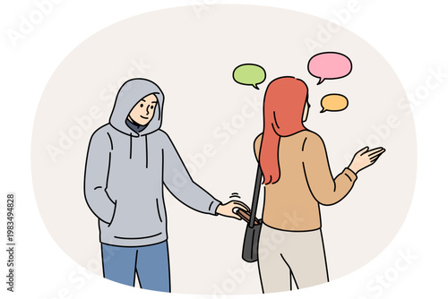 Thief steals wallet from woman bag while she is talking on phone, stealing money from passers-by. Inattentive girl does not pay attention to thief and risks losing salary or savings