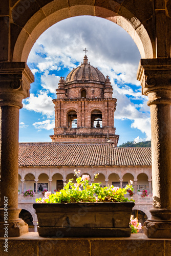 View with ornate the baroque bell tower of the Church and Convent of Santo Domingo, in Cusco