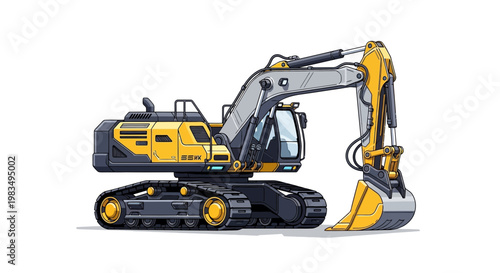Yellow excavator with bucket and tracks on white background, construction vehicle.