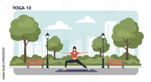 Woman practicing Warrior II yoga pose in park, urban wellness, outdoor fitness