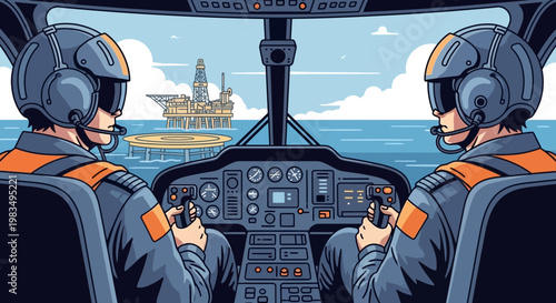 Helicopter Pilots Flying Over Ocean Towards Oil Rig, Offshore Energy Industry