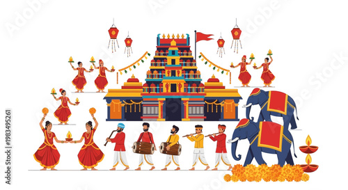 Indian Festival Celebration with Temple, Dancers, Musicians, and Elephants